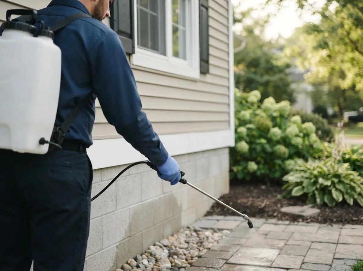 Pest control technician inspecting a home in Spurlockville, WV
